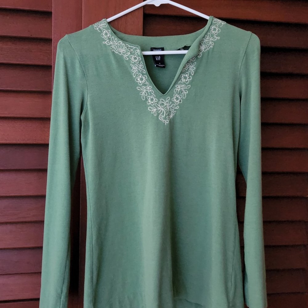 Gap Embroidered Tunic Top, Green, Size Small